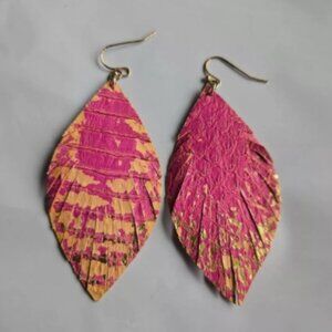 Pink & Gold Feathered Faux Leather Women's Dangle Lightweight Teardrop Earrings